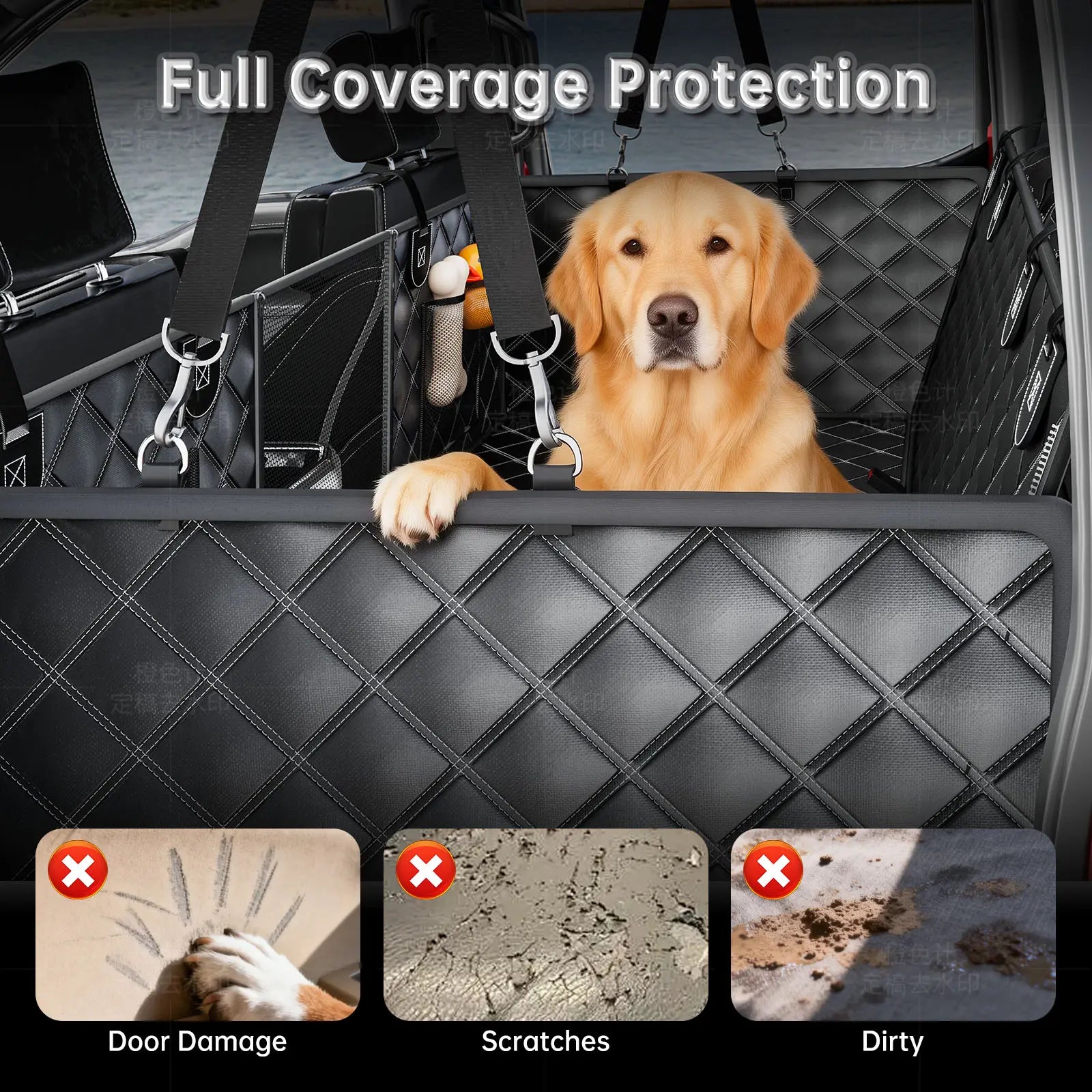 RYNVALE STUDIO Dog Car Seat Cover for Back Seat, Waterproof Hard Bottom Car Hammock for Dog, Backseat Extender Protector for Full-Size Trucks & Suvs, Black