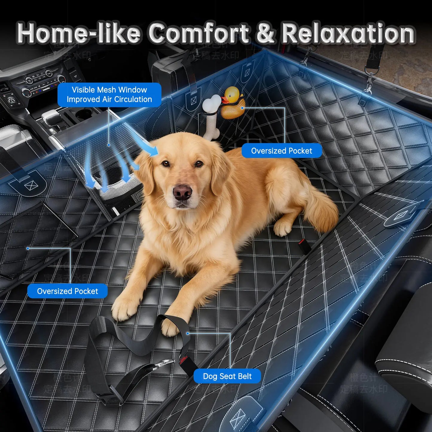 RYNVALE STUDIO Dog Car Seat Cover for Back Seat, Waterproof Hard Bottom Car Hammock for Dog, Backseat Extender Protector for Full-Size Trucks & Suvs, Black