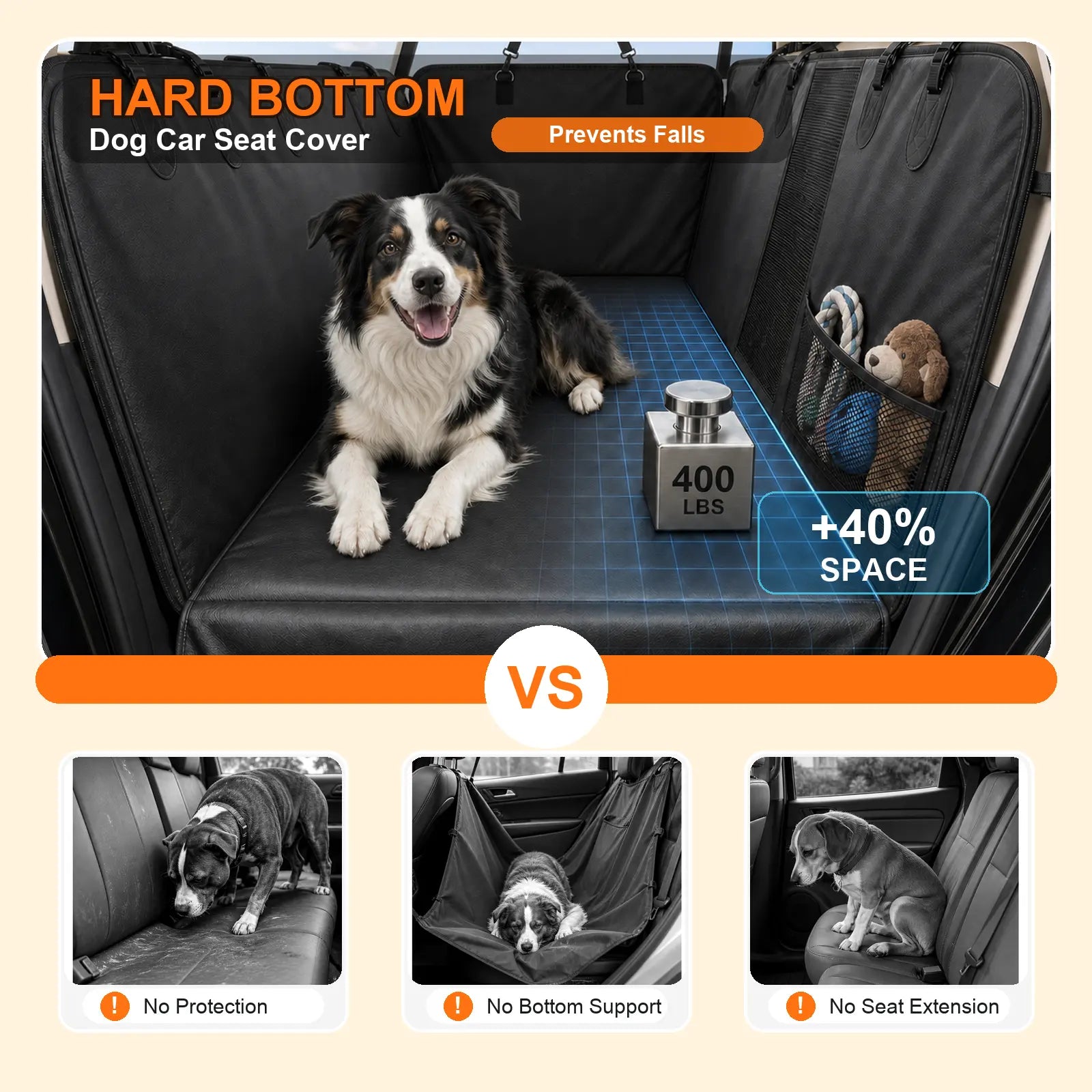 Hard Bottom Back Seat Extender for Dogs, Waterproof PU Leather Dog Car Seat Cover Hammock, 400Lbs Capacity Heavy Duty Pet Protector Fits Cars, Suvs & Trucks