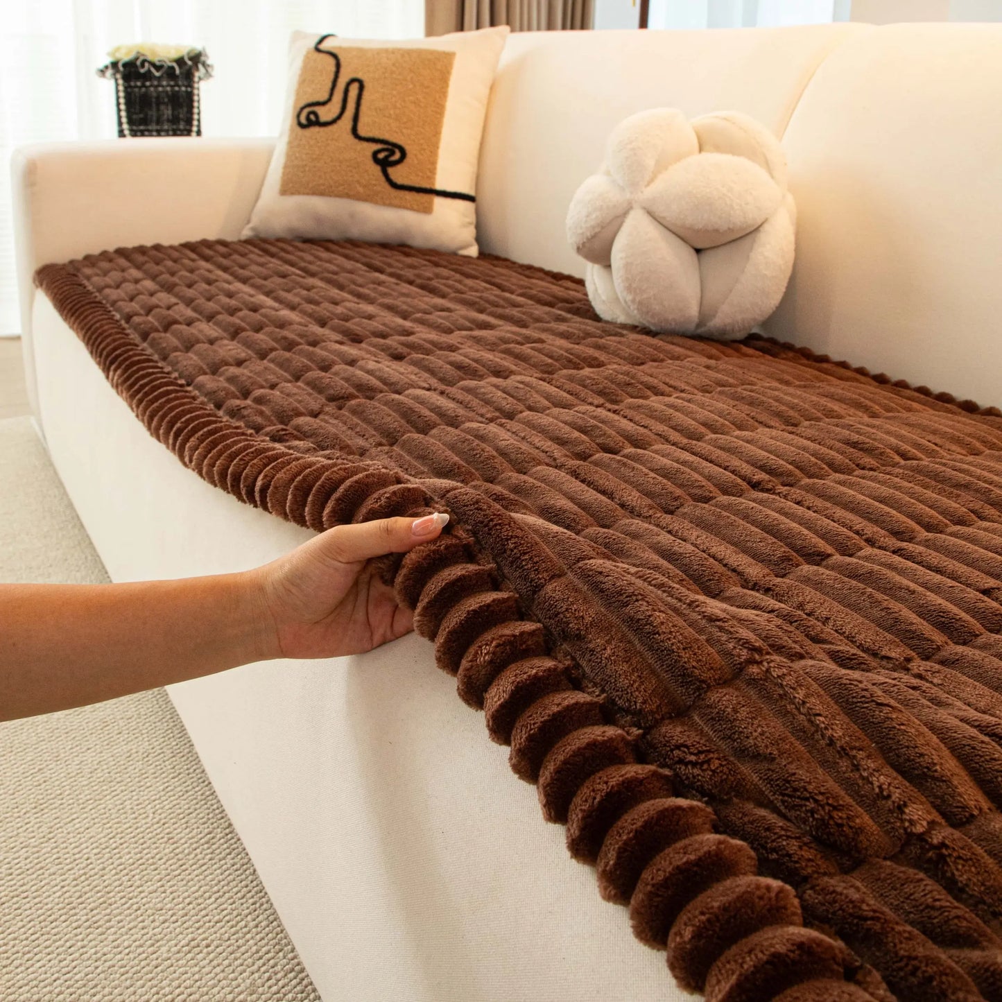 Washable Pet-Friendly Sofa Cover for 2-Cushion Couches, Non-Slip Fuzzy Blanket Mat